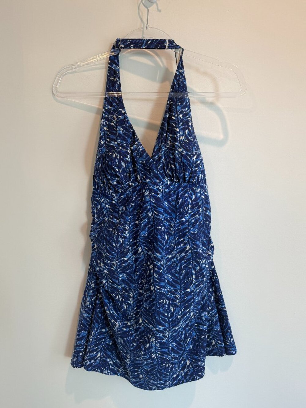 L.L. Bean Blue Palm Leaf Halter One-Piece Swim Dress Swimsuit - Size 14 Regular
